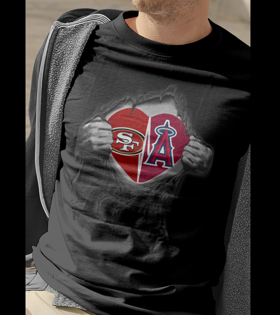 Sf 49ers Los Angeles Angels Heart Symbol With Logos T-Shirt