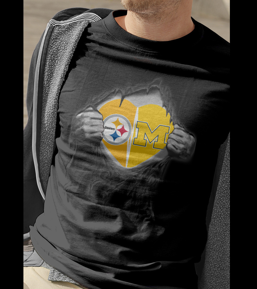 Steelers And Michigan Heart Symbol Inside Ripped Skin T-Shirt