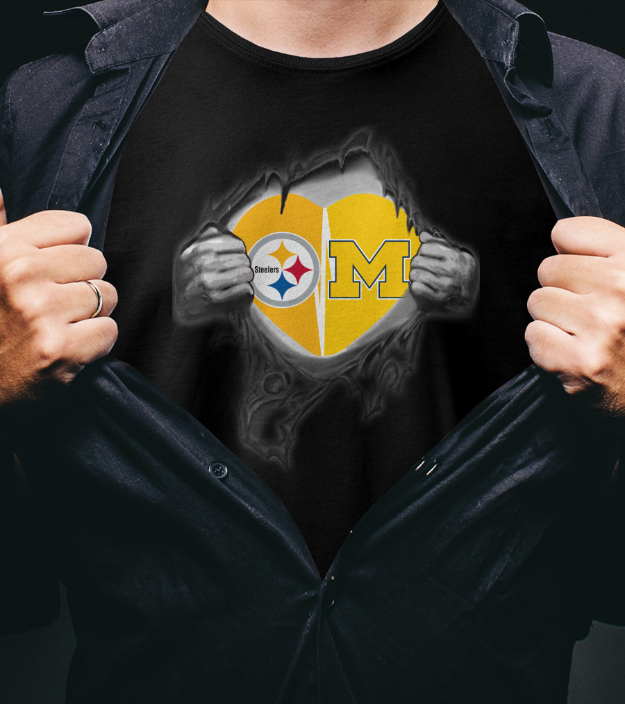 Steelers And Michigan Heart Symbol Inside Ripped Skin T-Shirt