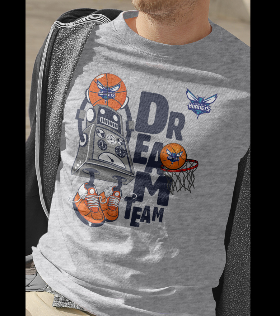 Charlotte Hornets Dream Team Robot And Basketball Hoops T-Shirt