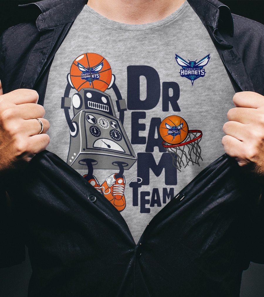 Charlotte Hornets Dream Team Robot And Basketball Hoops T-Shirt