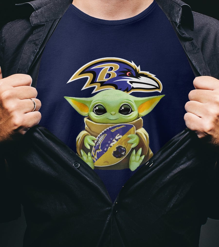 Baltimore Ravens Baby Yoda Holding Football With Team T-Shirt
