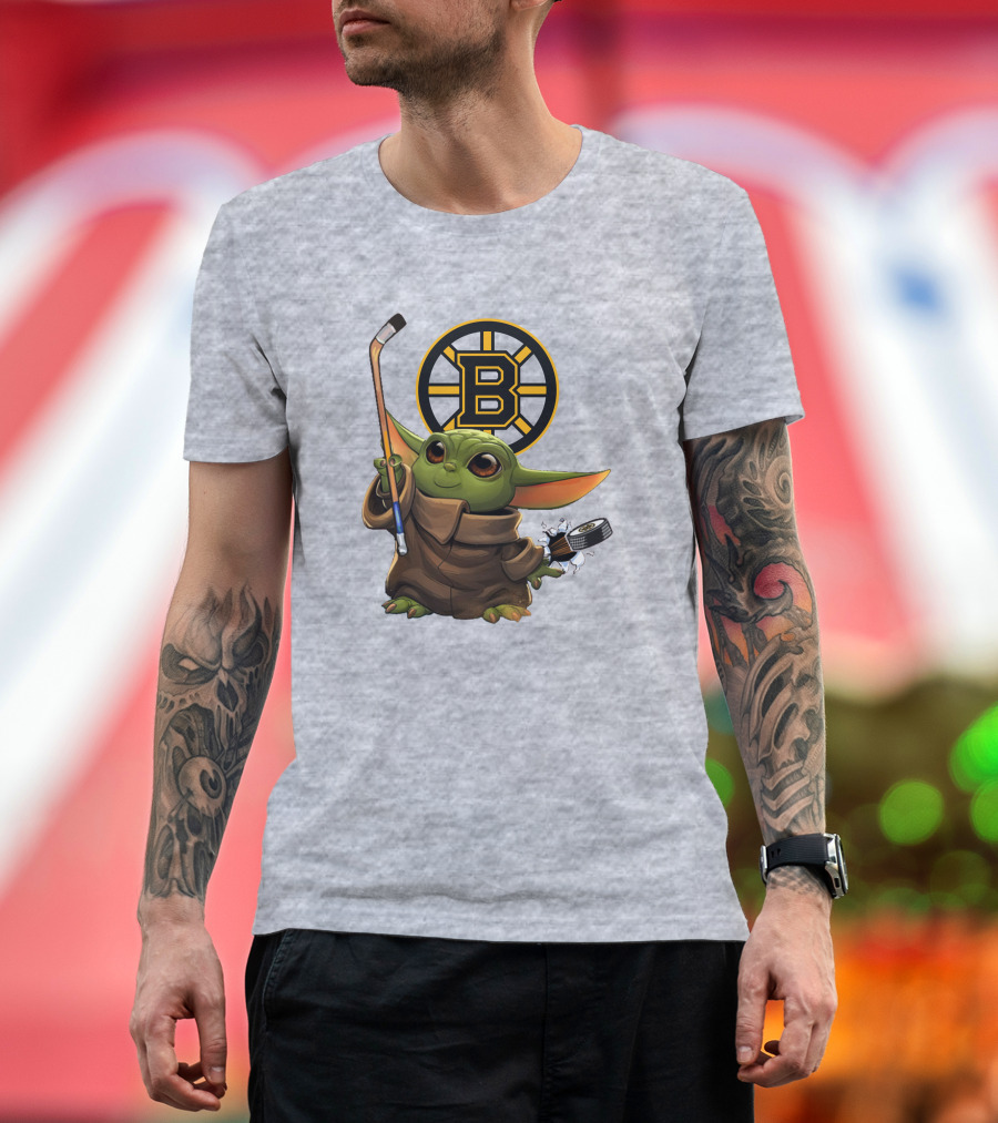 Boston Bruins Baby Yoda Hockey Stick Puck Character T-Shirt