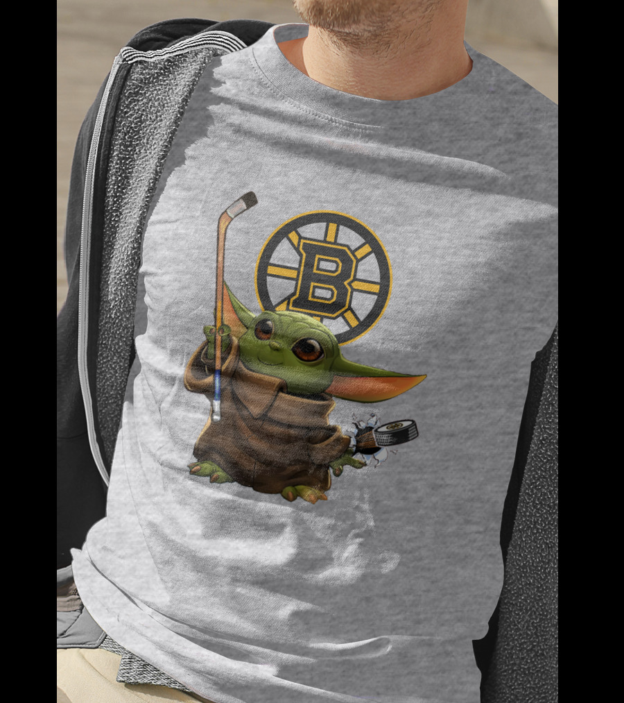 Boston Bruins Baby Yoda Hockey Stick Puck Character T-Shirt