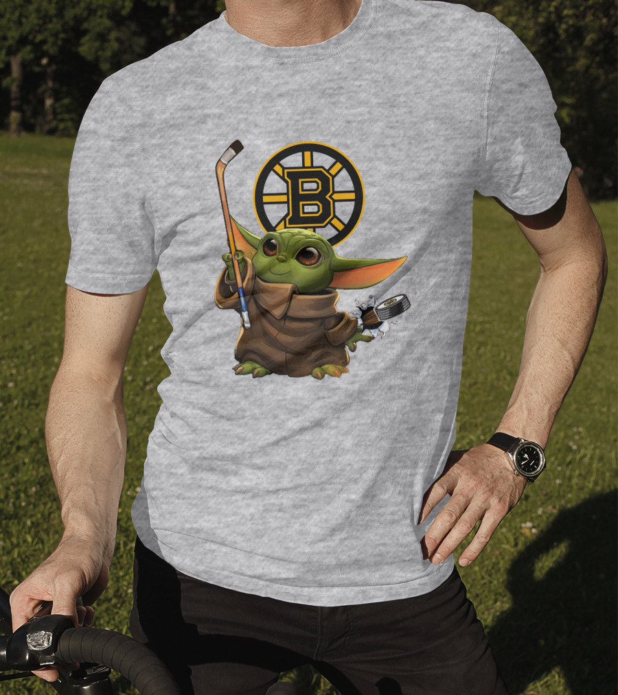 Boston Bruins Baby Yoda Hockey Stick Puck Character T-Shirt