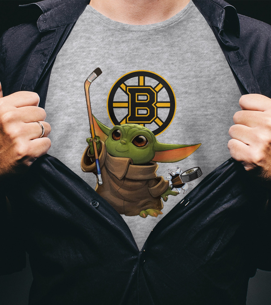 Boston Bruins Baby Yoda Hockey Stick Puck Character T-Shirt