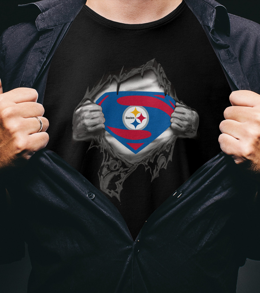 Steelers Superman Logo Burst With Pittsburgh Steelers Emblem T-Shirt