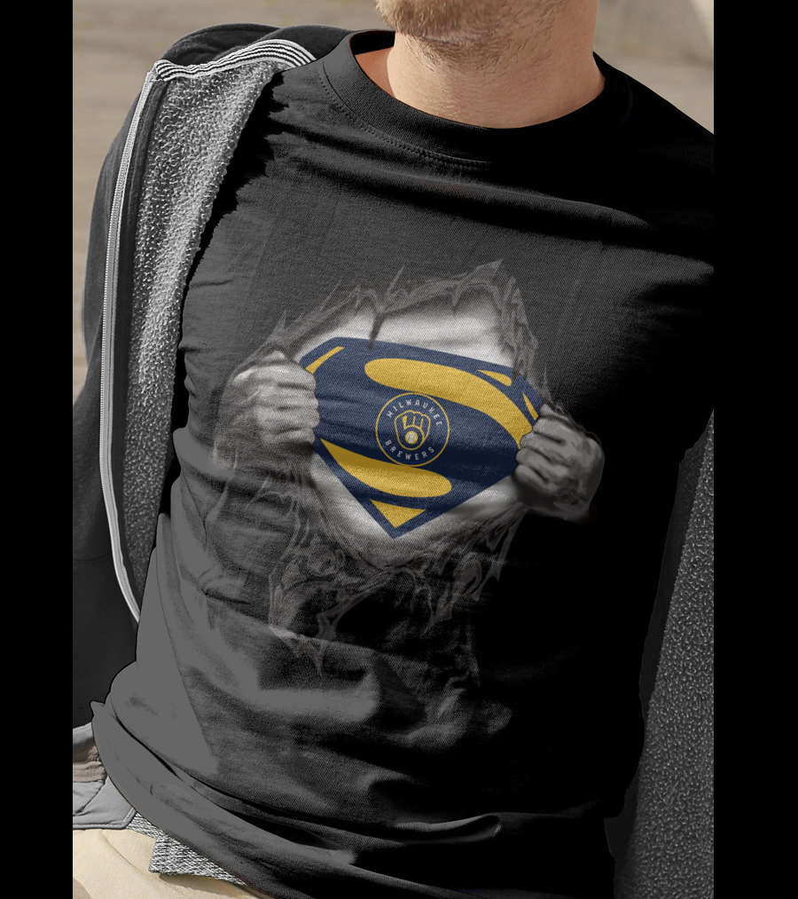 Milwaukee Brewers Superman Logo Rip Open Suit T-Shirt