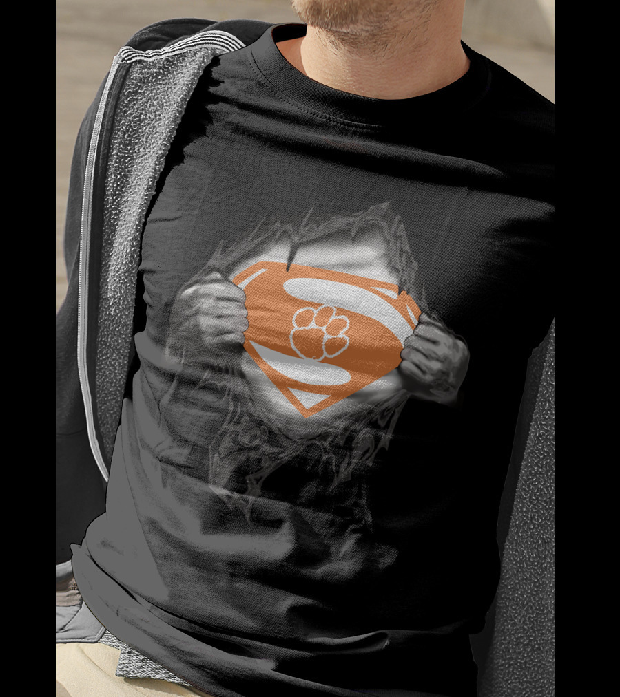 Clemson Super Man Orange Shield With Paw T-Shirt
