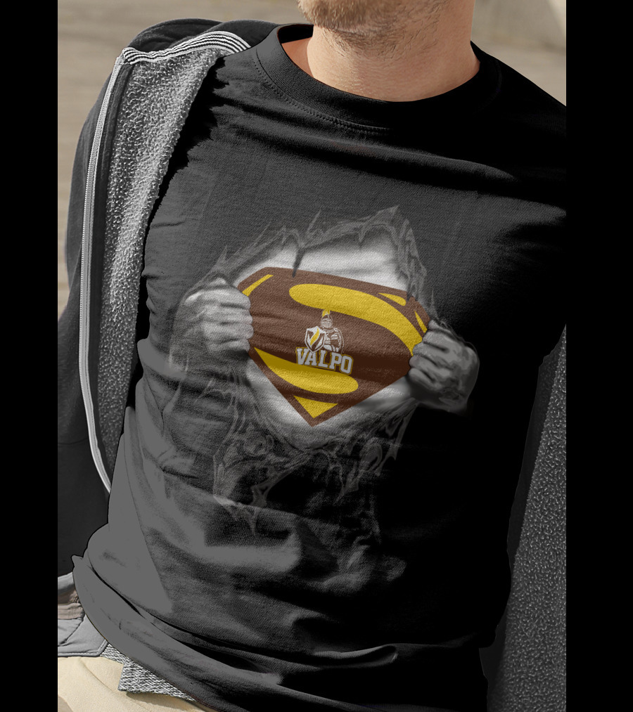 Valpo Superhero Shield With Armor Knight Crest T-Shirt