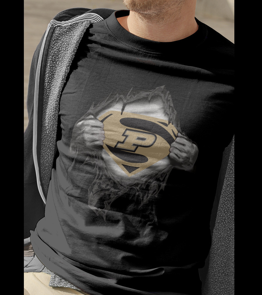 Purdue University P Logo Superhero Chest Emblem Ripped Open T-Shirt