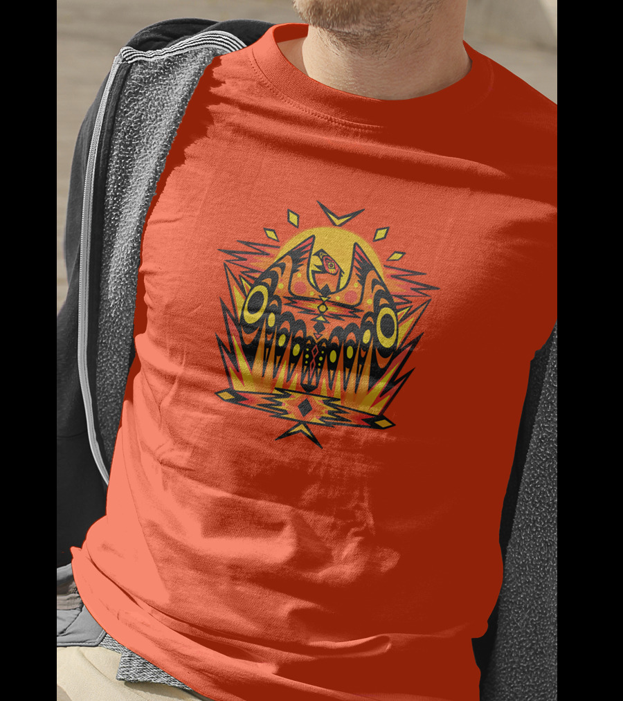 Howl Out Golden Eagle Rises Tribal Pattern On Bold Orange Background T-Shirt