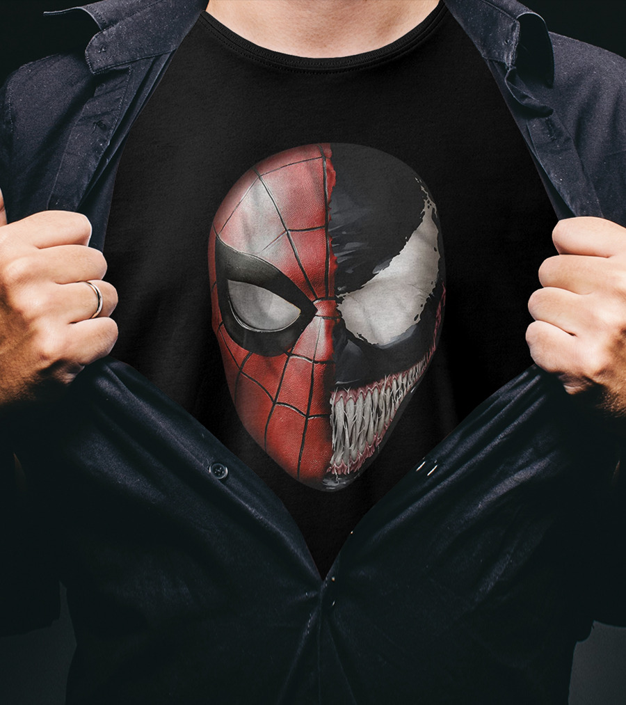 Venom Spidey Faces Split Mask Spider-Man Avengers Villain Comic Book T-Shirt