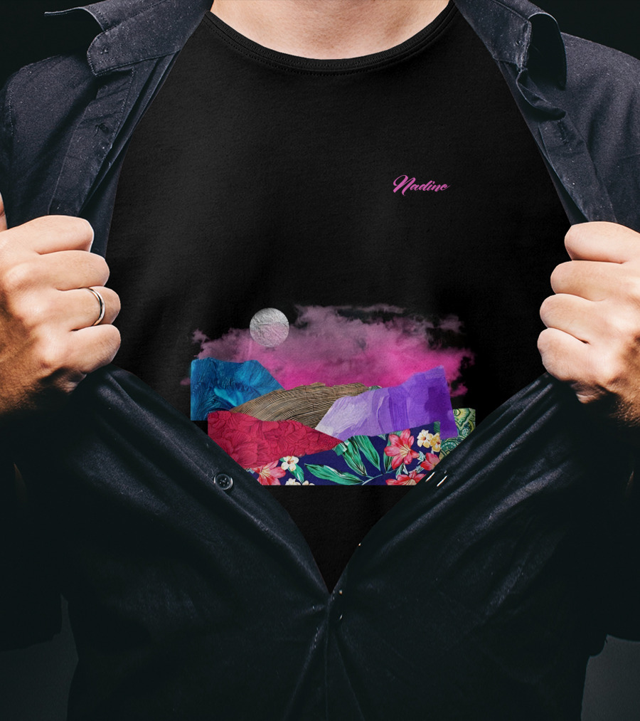 Nadine Lott Vibrant Floral Pattern With Pink And Blue Textures And White Moon T-Shirt