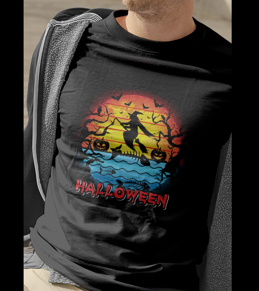 Halloween Witch And Fish Bone Sunset Scene T-Shirt