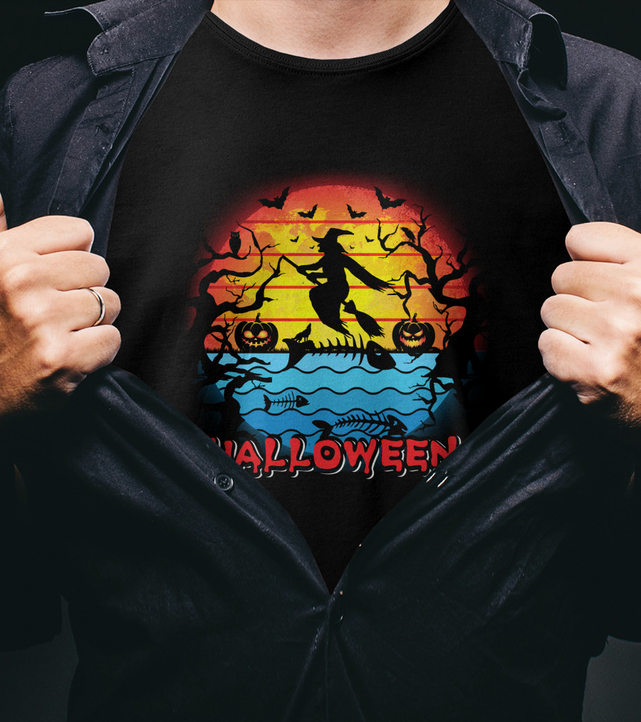 Halloween Witch And Fish Bone Sunset Scene T-Shirt