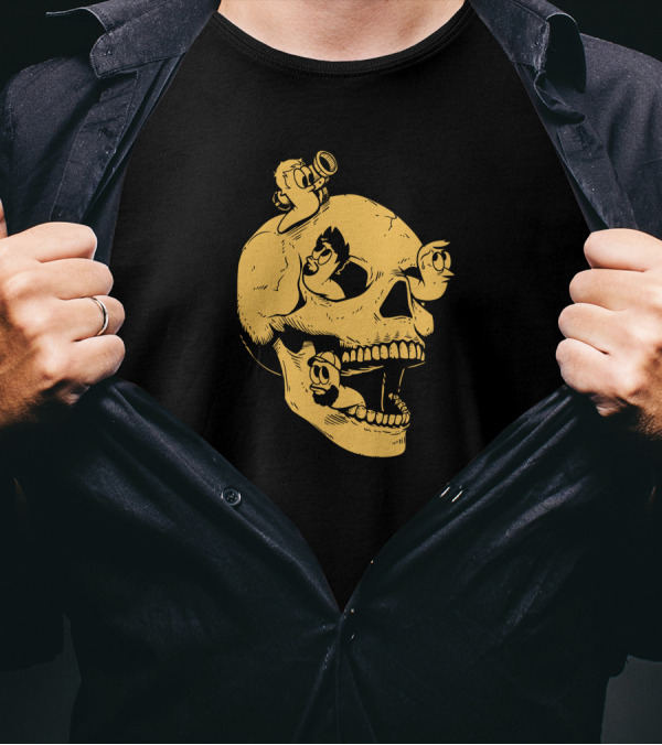 Sweet Skull Gold Variant With Worms And Cartoon Characters T-Shirt
