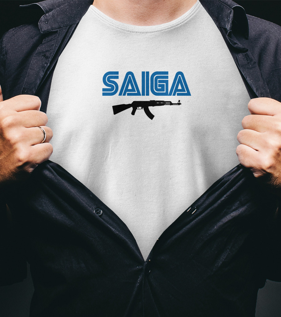 SAIGA AK47 Rifle Bold Blue Text T-Shirt