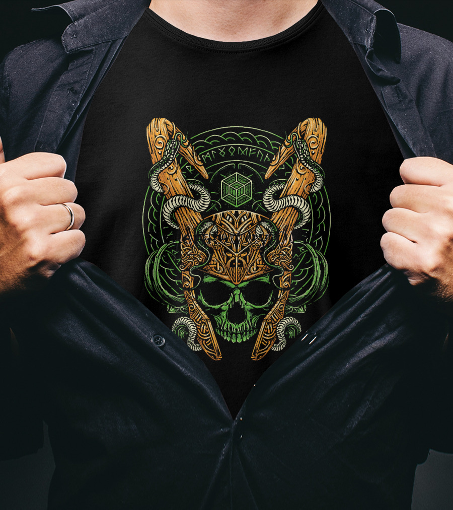 Loki Madness And Mischief Norse Helm Skull Serpents Runes Cube T-Shirt