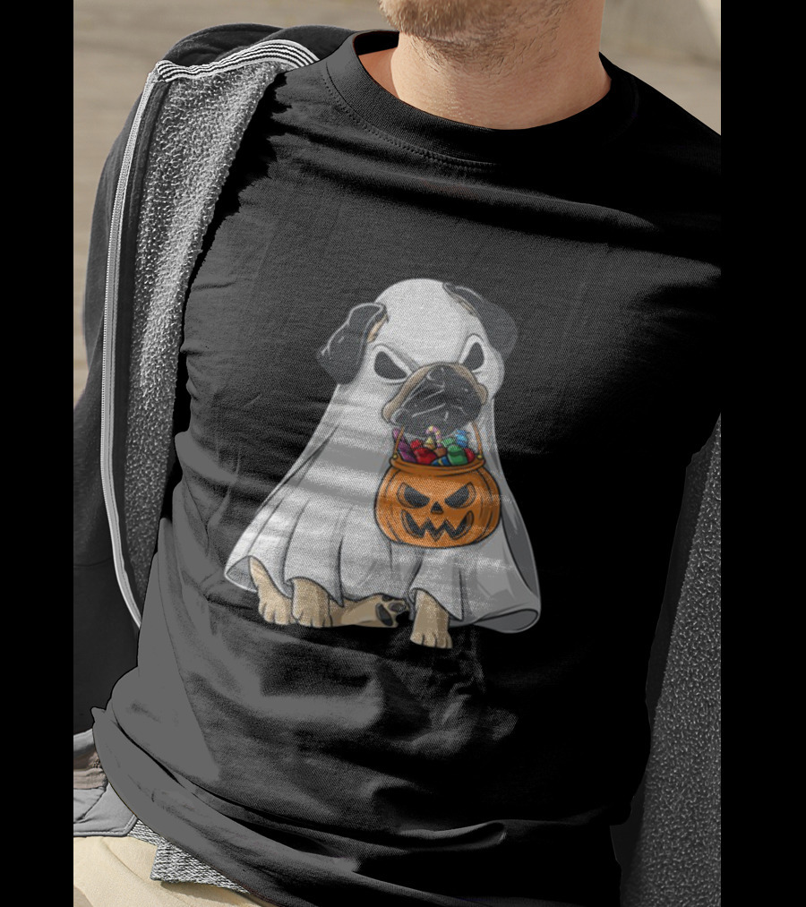 Bestee Shops Ghost Pug With Halloween Candy Bucket T-Shirt