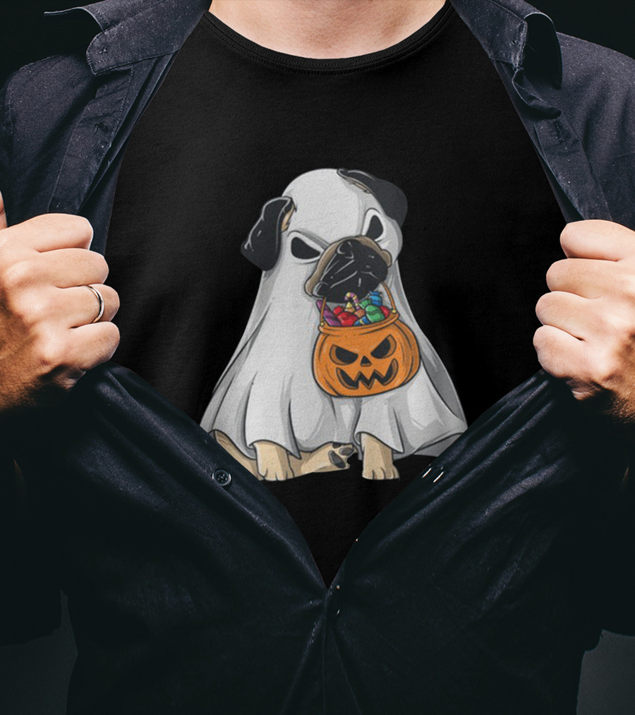 Bestee Shops Ghost Pug With Halloween Candy Bucket T-Shirt