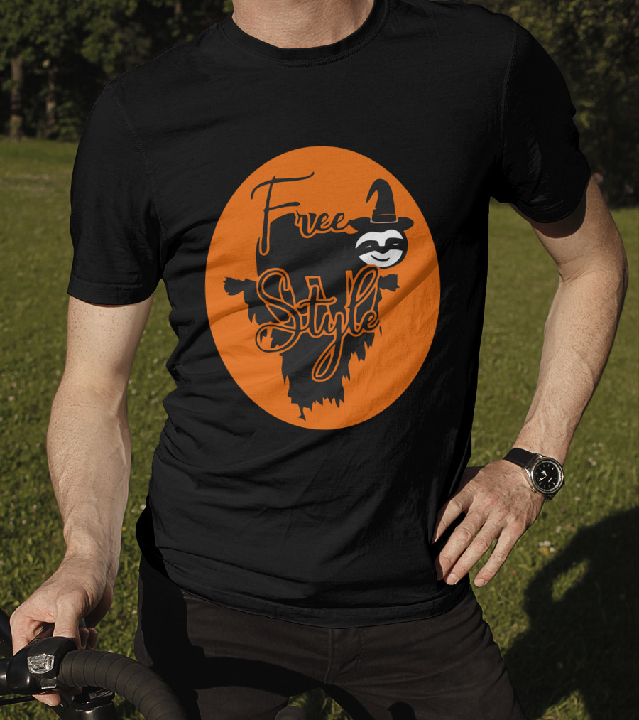 Free Style Halloween Sloth With Witch Hat In Orange Oval T-Shirt