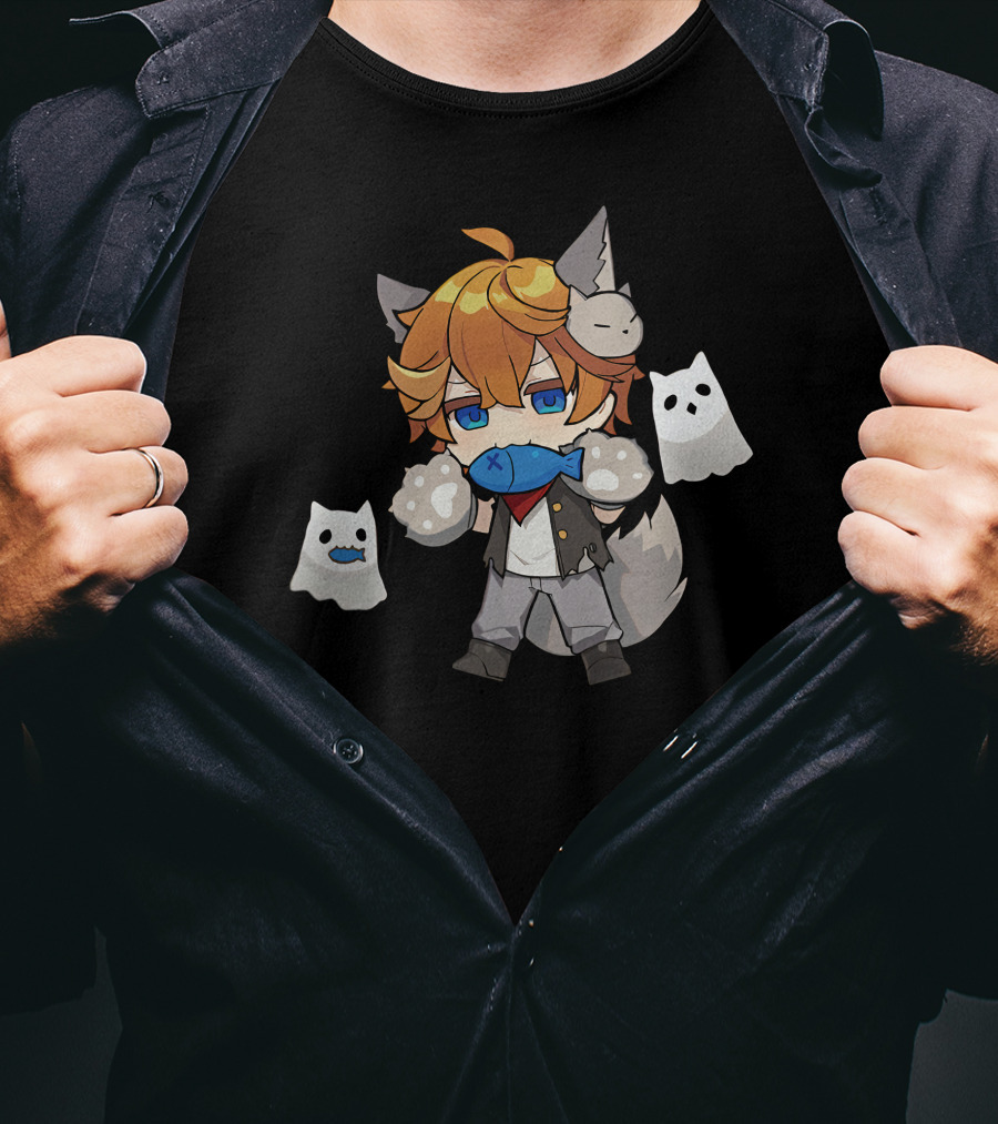 Ae Entropy Happy Halloween Genshin Impact Childe Fox Ears Ghosts Fish T-Shirt