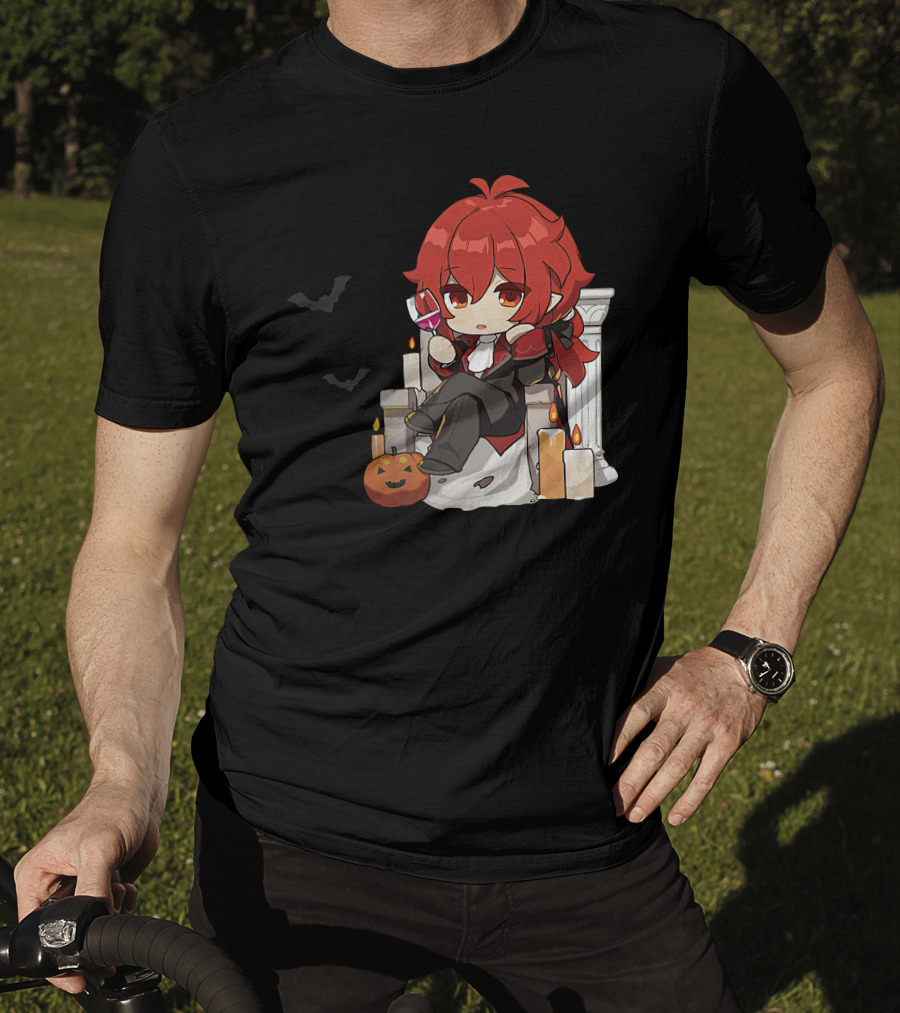 Genshin Impact Diluc Halloween Sitting With Wine And Jack-o'-Lantern T-Shirt