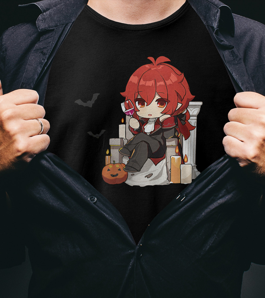 Genshin Impact Diluc Halloween Sitting With Wine And Jack-o'-Lantern T-Shirt