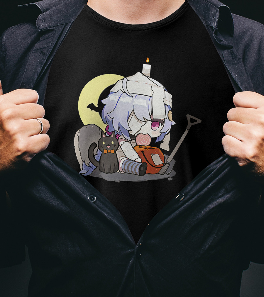 Happy Halloween Genshin Impact Ganyu Chibi Black Cat Moon Costume T-Shirt