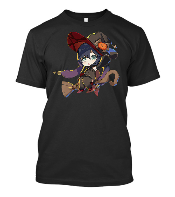 Ae Entropy Happy Halloween Genshin Impact Mona Witch Broom Pumpkin Hat T-Shirt
