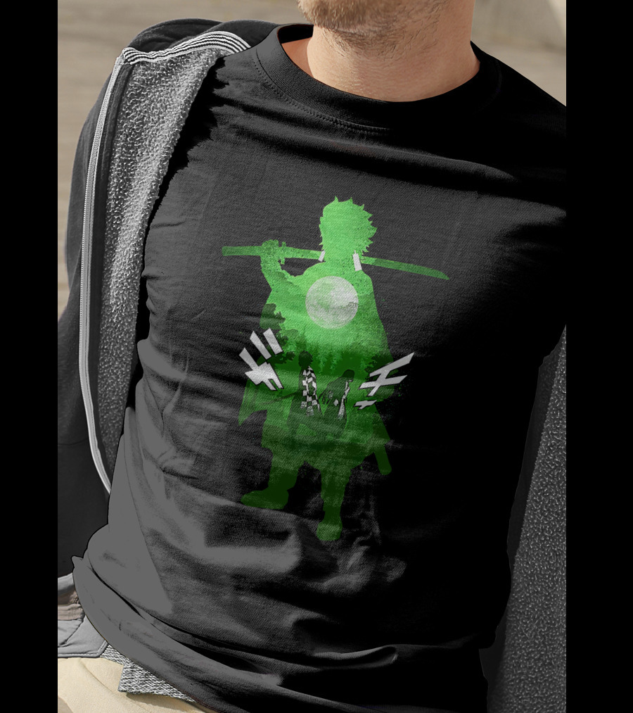 Demon Slayer Anime Tanjiro Kamado Green Silhouette With Moon And Sword T-Shirt