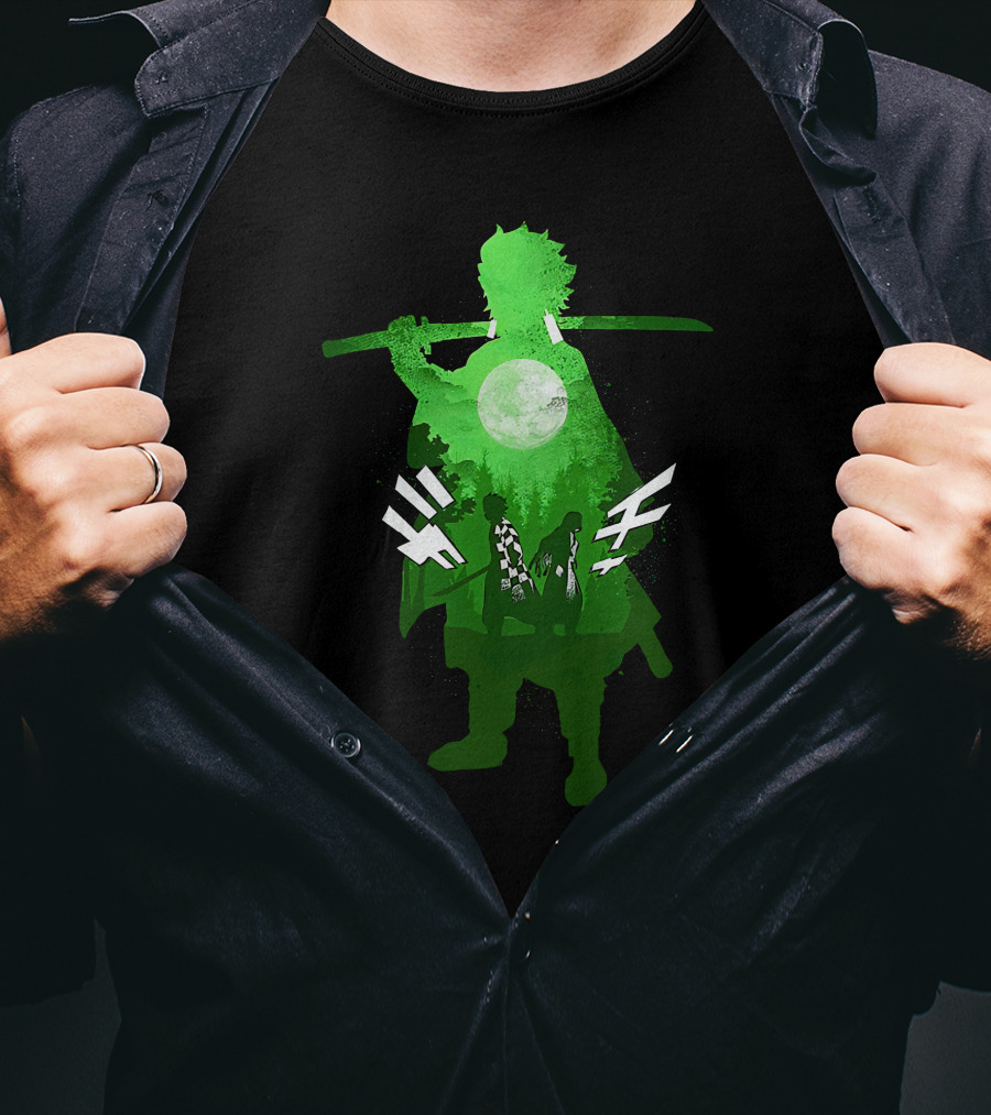 Demon Slayer Anime Tanjiro Kamado Green Silhouette With Moon And Sword T-Shirt