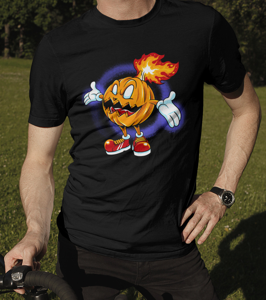 Halloween Pumpkin Fiery Character With Sneakers T-Shirt