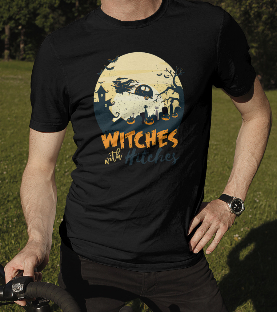Witches With Hitches Halloween Camper Scene With Flying Broomstick And Spooky Graveyard T-Shirt