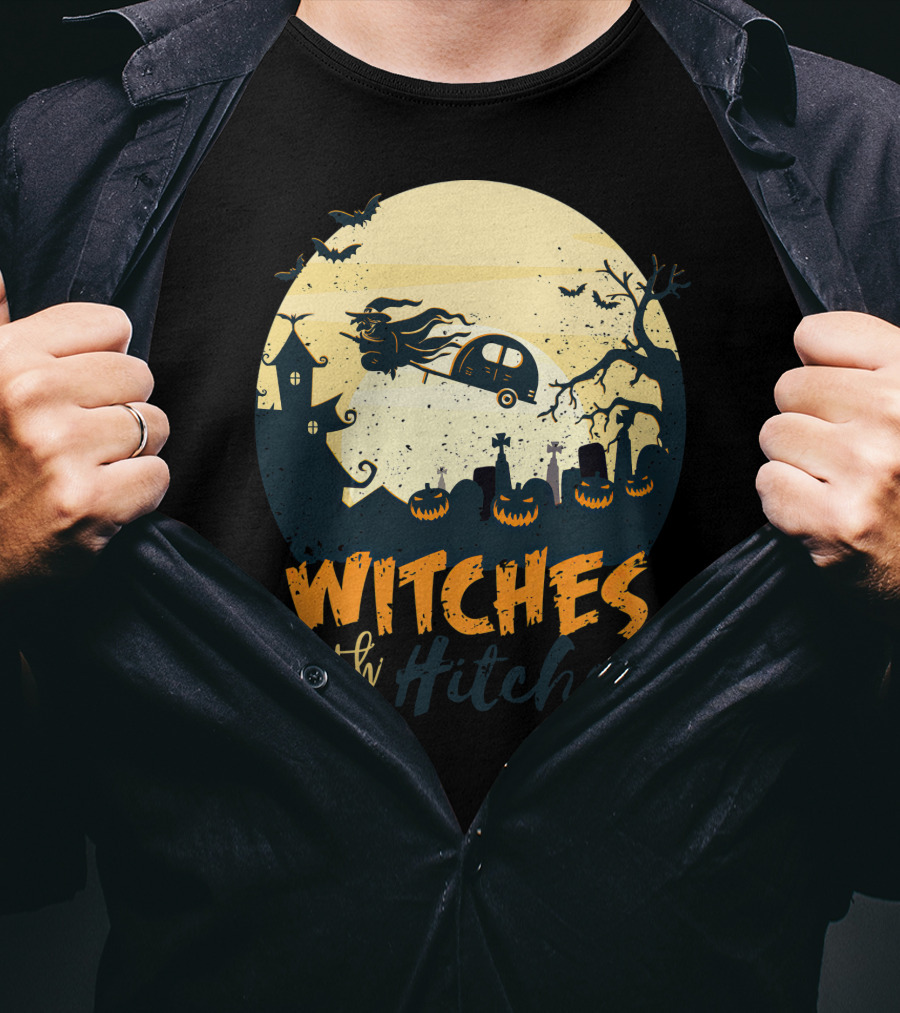 Witches With Hitches Halloween Camper Scene With Flying Broomstick And Spooky Graveyard T-Shirt