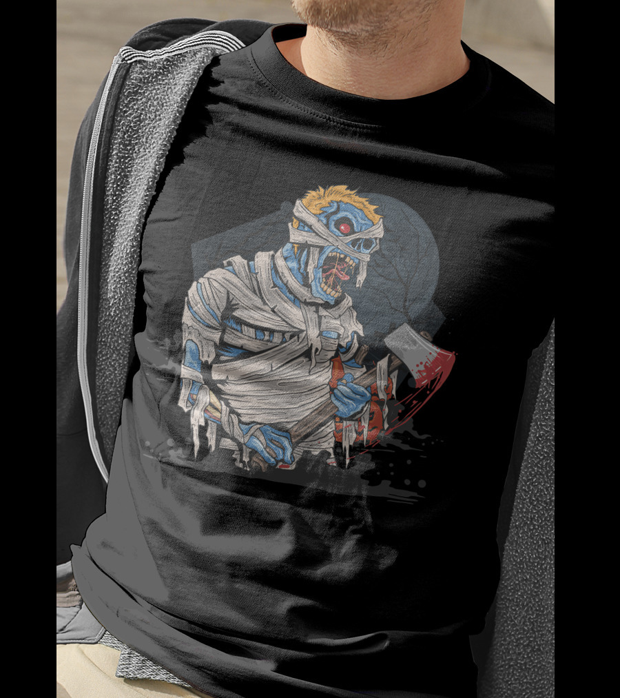 Zombie With Bloody Axe And Tattered Mummy Wrappings Under Full Moon T-Shirt