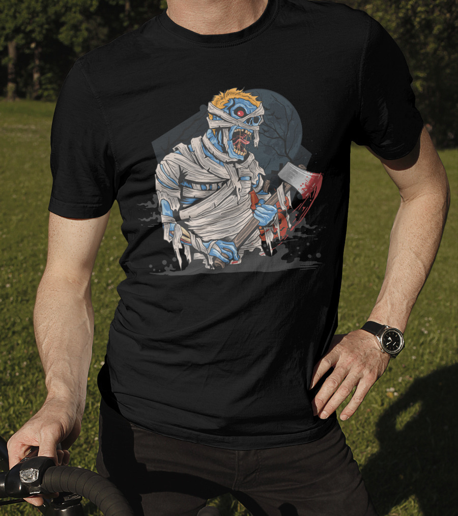 Zombie With Bloody Axe And Tattered Mummy Wrappings Under Full Moon T-Shirt