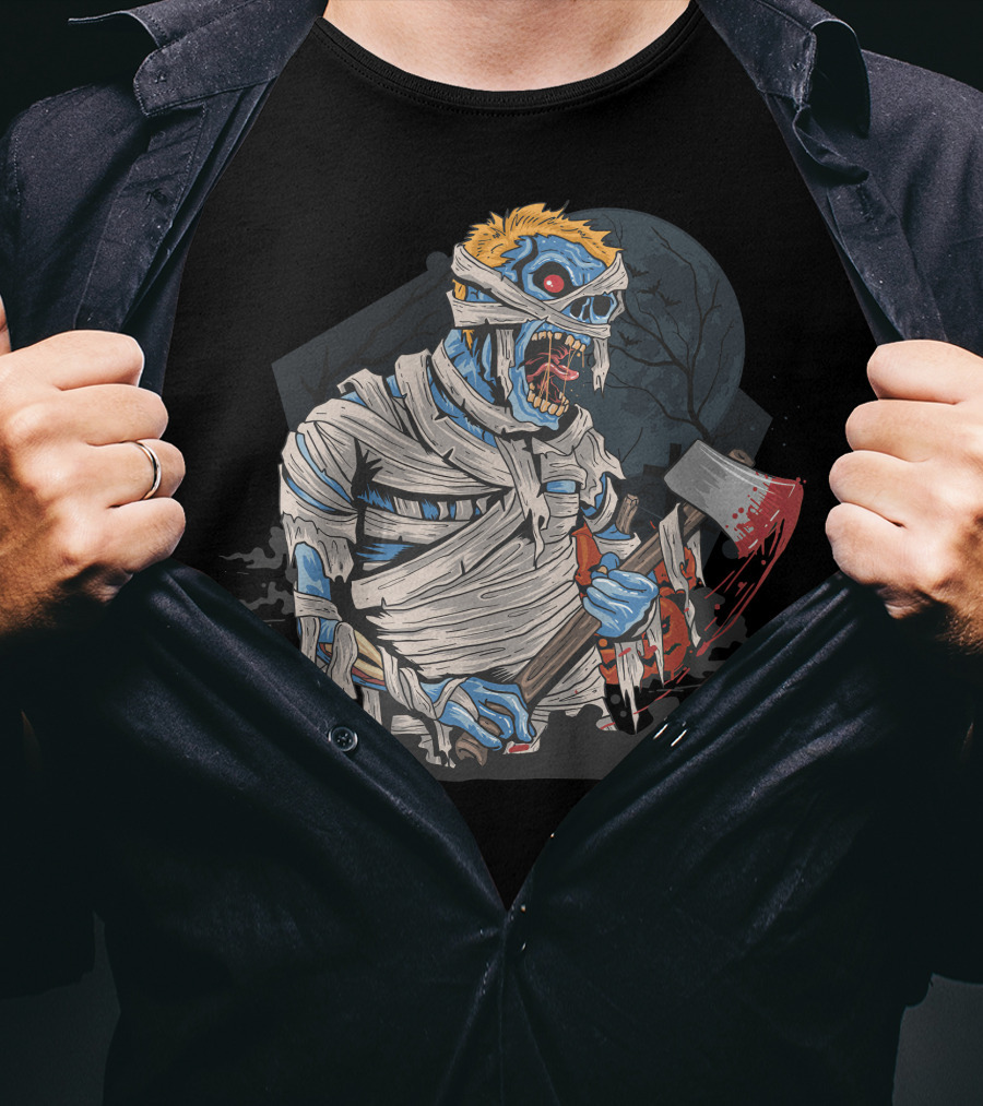 Zombie With Bloody Axe And Tattered Mummy Wrappings Under Full Moon T-Shirt