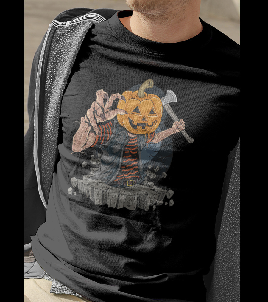 Pumpkin Head Zombie With Axe And Striped Shirt Emerging From Ground T-Shirt
