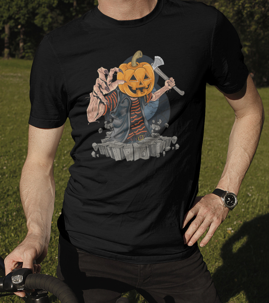 Pumpkin Head Zombie With Axe And Striped Shirt Emerging From Ground T-Shirt
