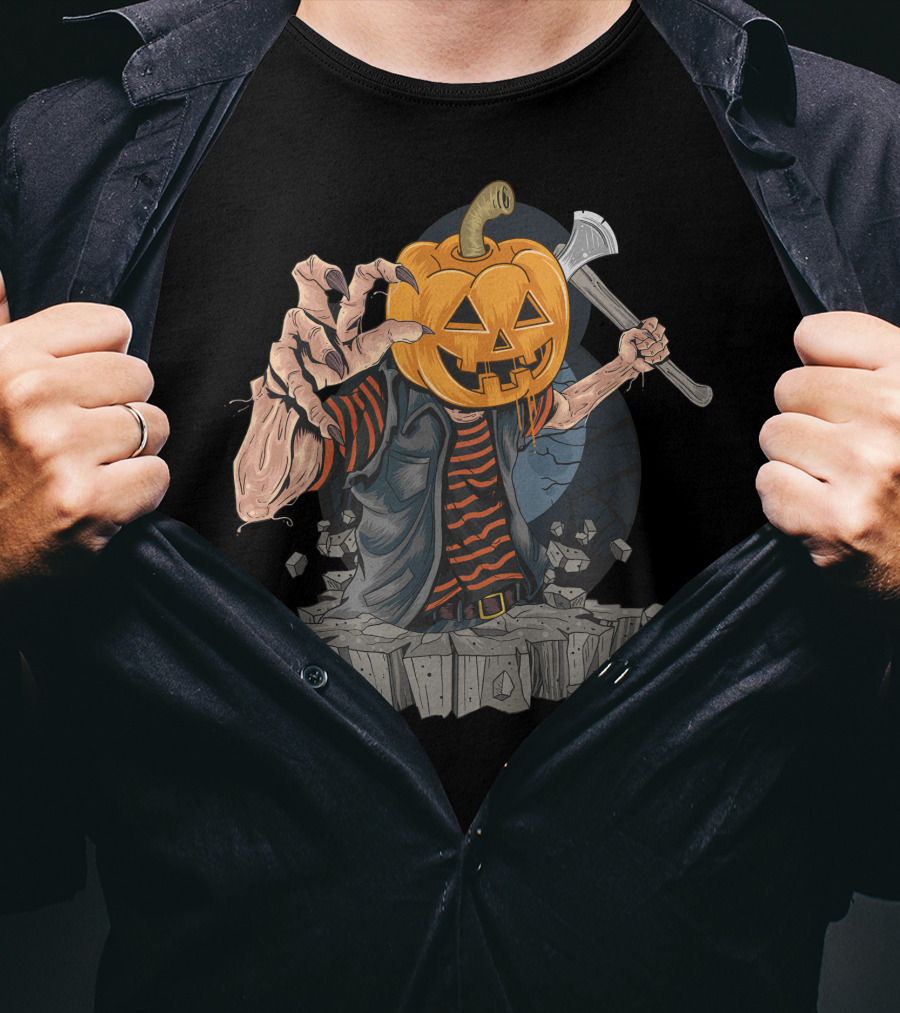 Pumpkin Head Zombie With Axe And Striped Shirt Emerging From Ground T-Shirt