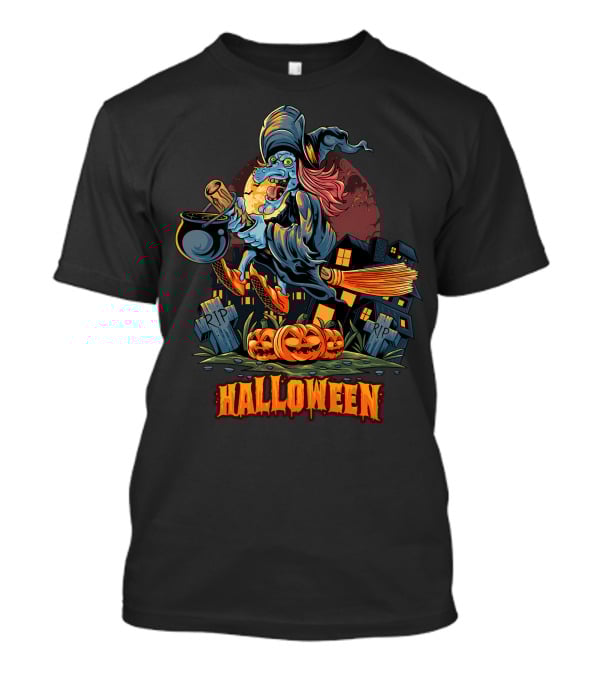 Spooky Halloween Witch Riding Broomstick With Pumpkins And Graveyard T-Shirt