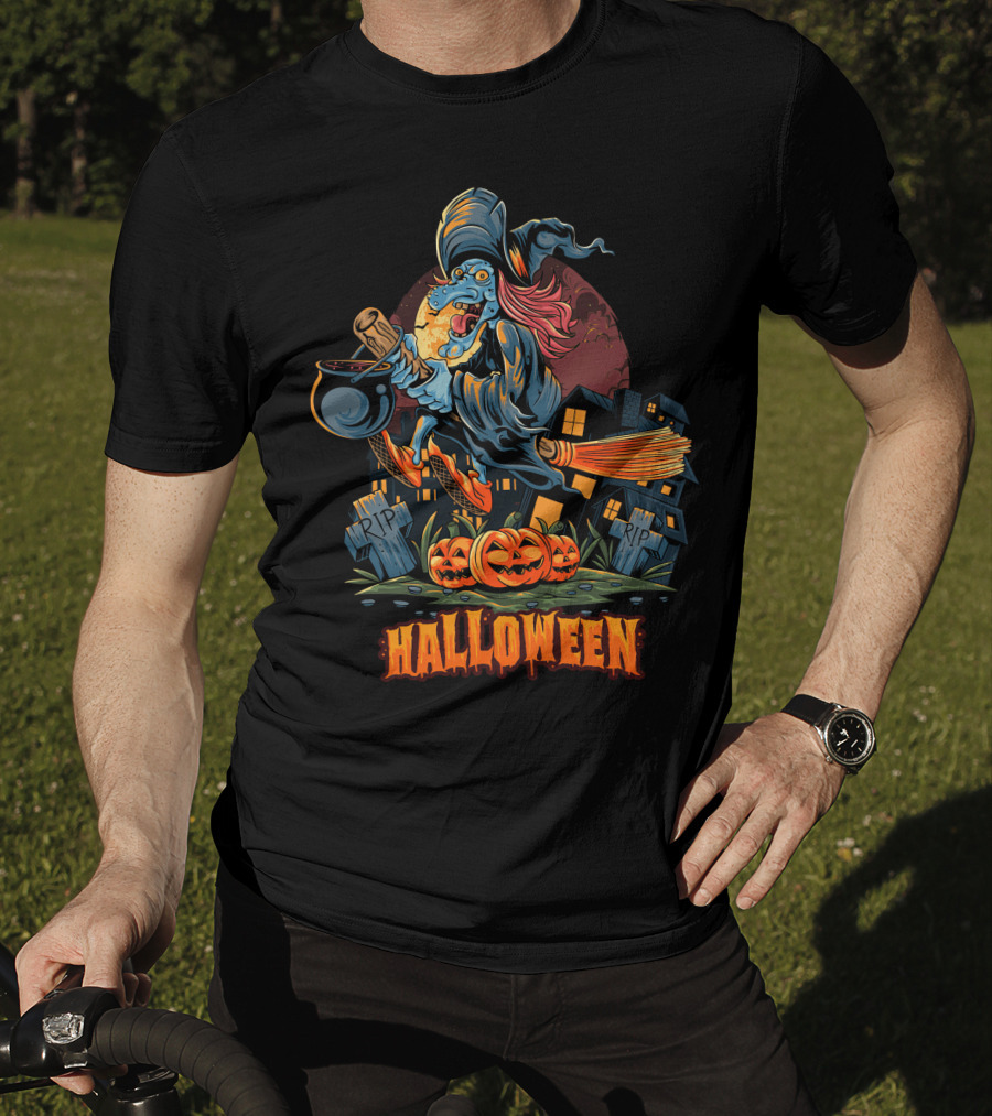 Spooky Halloween Witch Riding Broomstick With Pumpkins And Graveyard T-Shirt