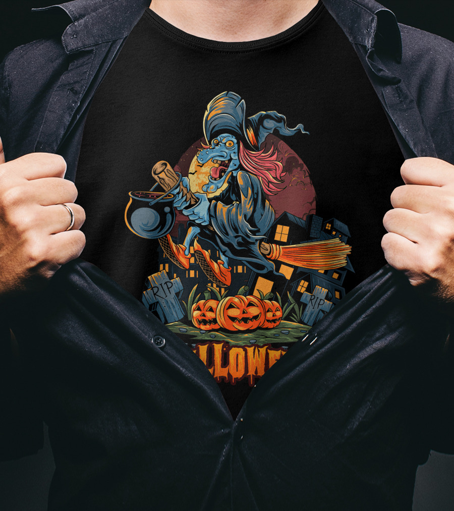 Spooky Halloween Witch Riding Broomstick With Pumpkins And Graveyard T-Shirt