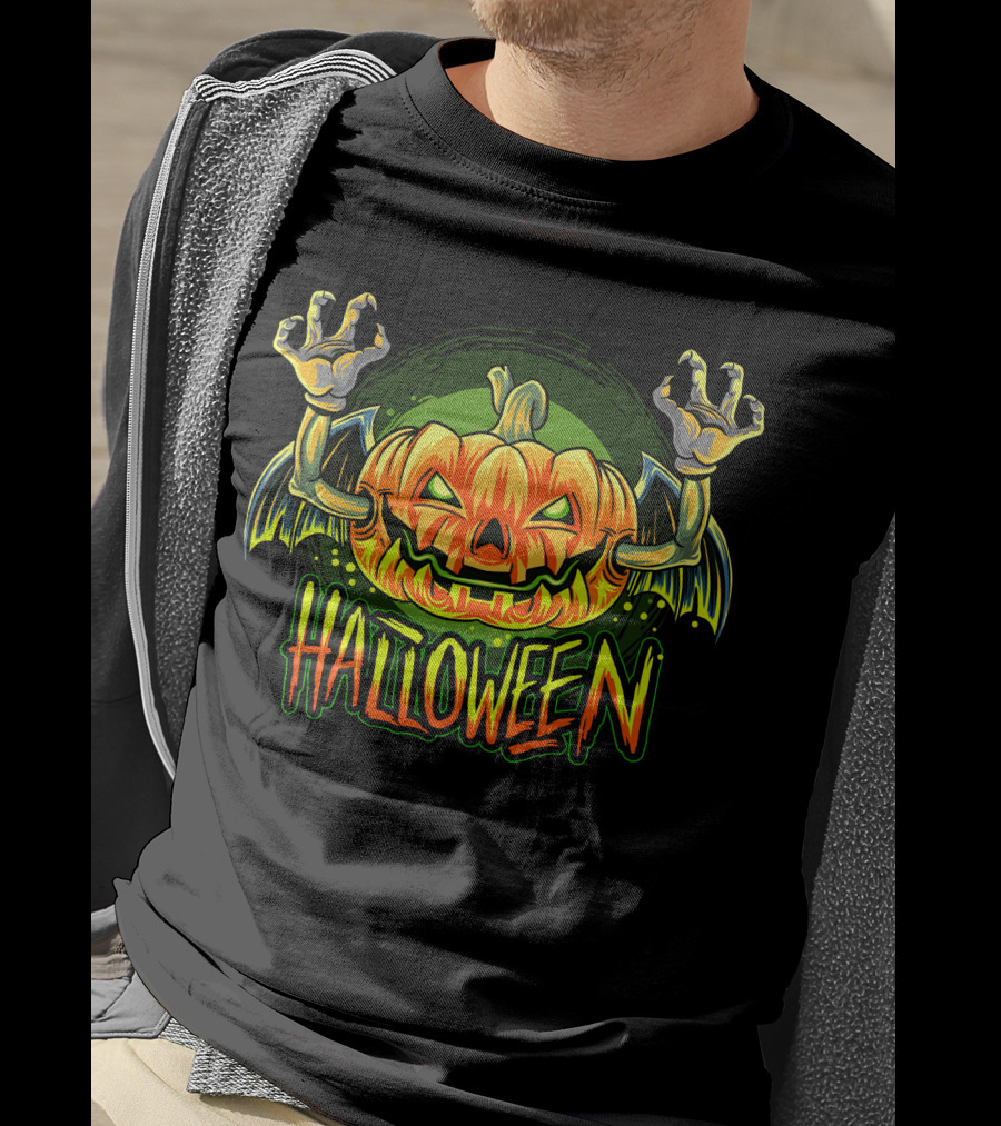 Halloween Pumpkin With Bat Wings And Zombie Hands T-Shirt