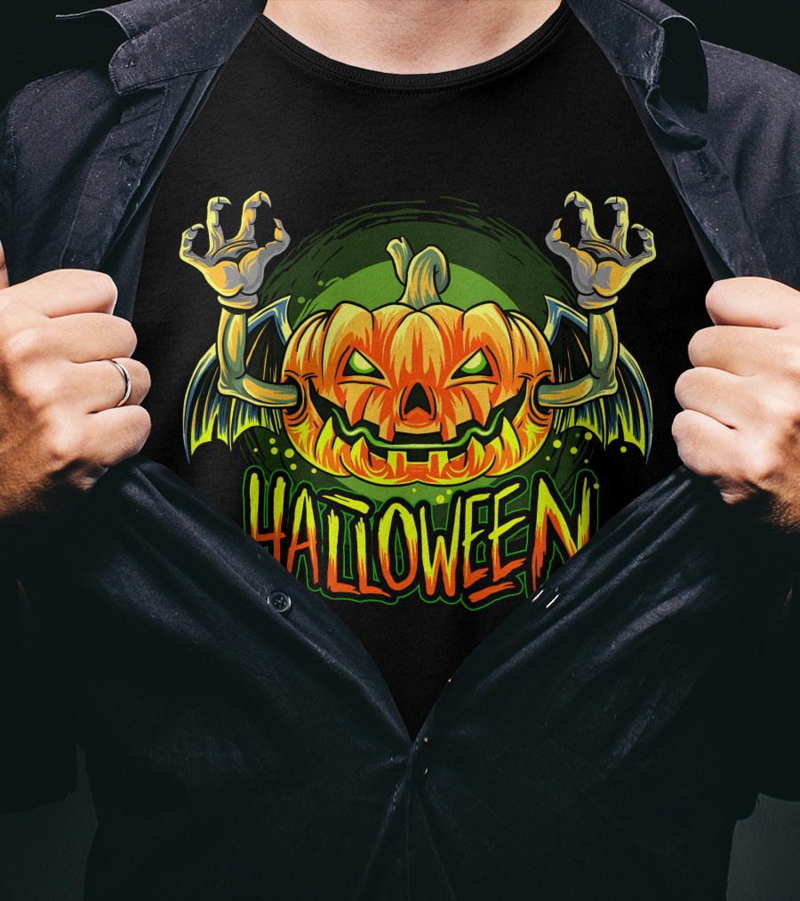 Halloween Pumpkin With Bat Wings And Zombie Hands T-Shirt