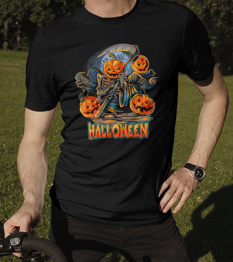 Grim Reaper Jack-O'-Lantern With Scythe And Ravens Halloween Scene T-Shirt