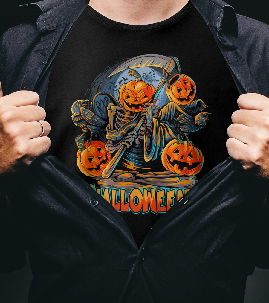 Grim Reaper Jack-O'-Lantern With Scythe And Ravens Halloween Scene T-Shirt