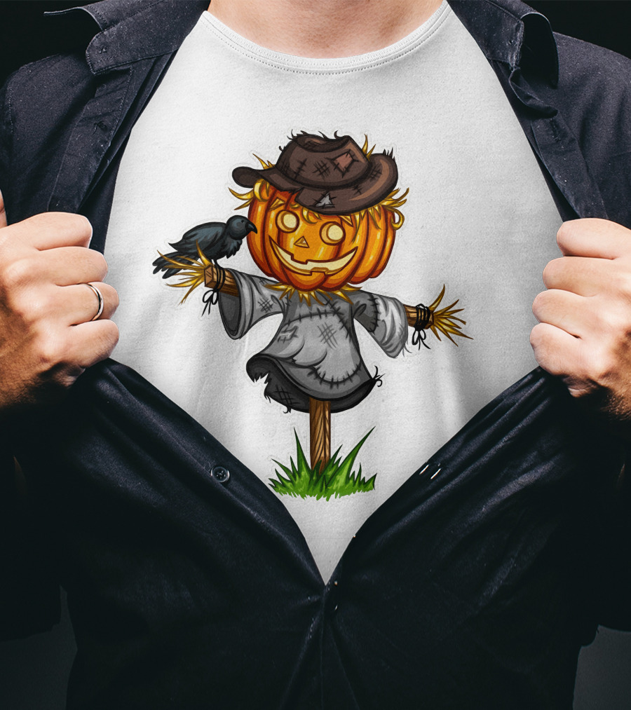 Scarecrow Halloween Pumpkin Head With Crow And Tattered Hat T-Shirt